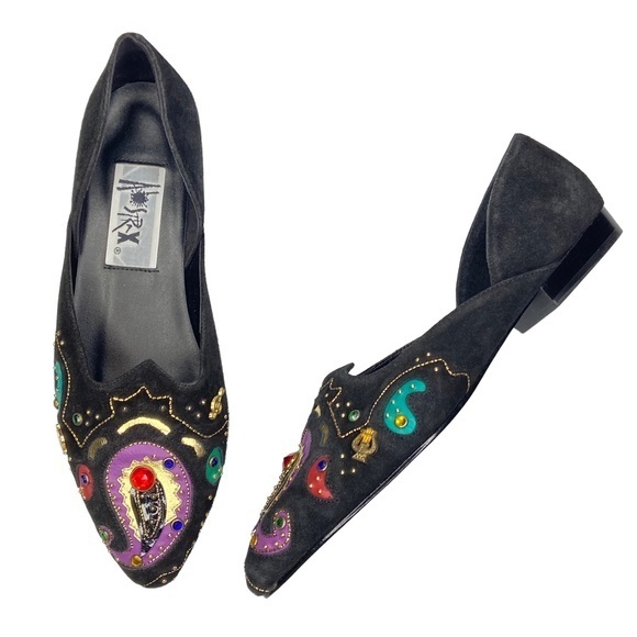 Vintage Shoes - Vintage 80s Abstrax Black Pointed Toe Bejeweled Beaded Embroidered Suede Flats